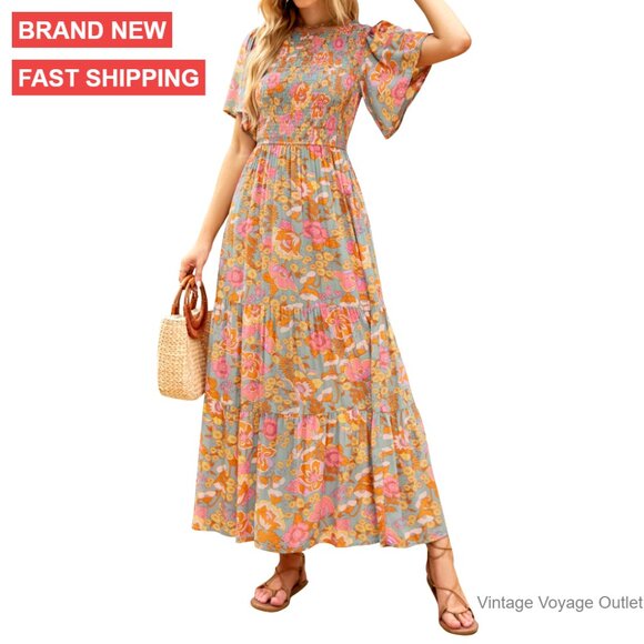 Floral Print Smocked Maxi Dress with Flutter Sleeves High Waist Size S-XL